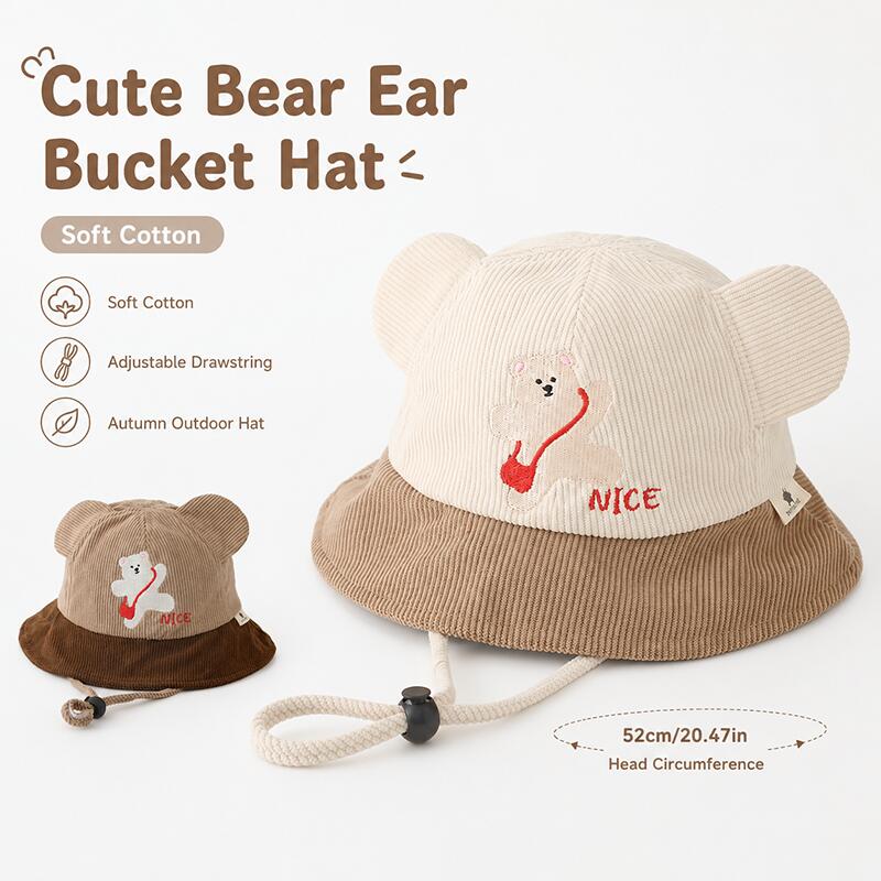 Bucket Hat Cotton - Topi Ember Telinga Beruang Anak-anak Katun